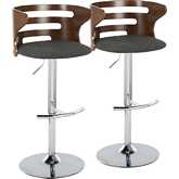Cosi Adjustable Swivel Bar Stool in Chrome, Walnut Wood & Charcoal Fabric (Set of 2)
